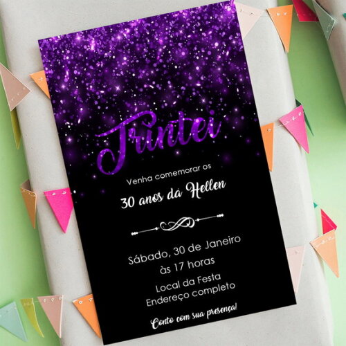 Convite Digital Trintei 30 Anos Preto e Roxo Euforia Foto