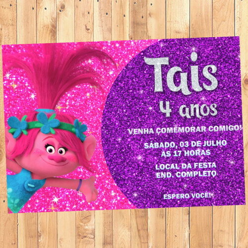 Convite Digital Trolls Glitter Rosa