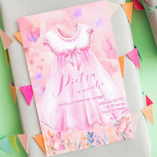 Convite Digital Vestido Rosa Menina