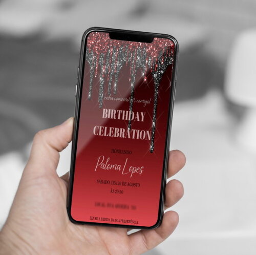 Convite Digital Vermelho Glitter Mulher