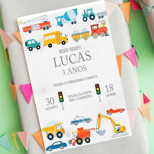 Convite Meios de Transporte, Carros, Caminhão Digital