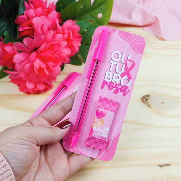 Card com Caneta e Bala - Outubro Rosa