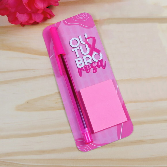 Card com Caneta e Bloquinho Post-it - Outubro Rosa