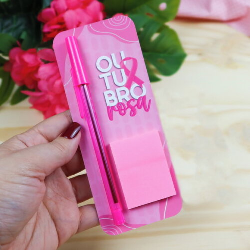 Card com Caneta e Bloquinho Post-it - Outubro Rosa