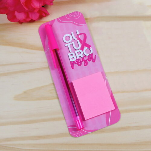 Card com Caneta e Bloquinho Post-it - Outubro Rosa