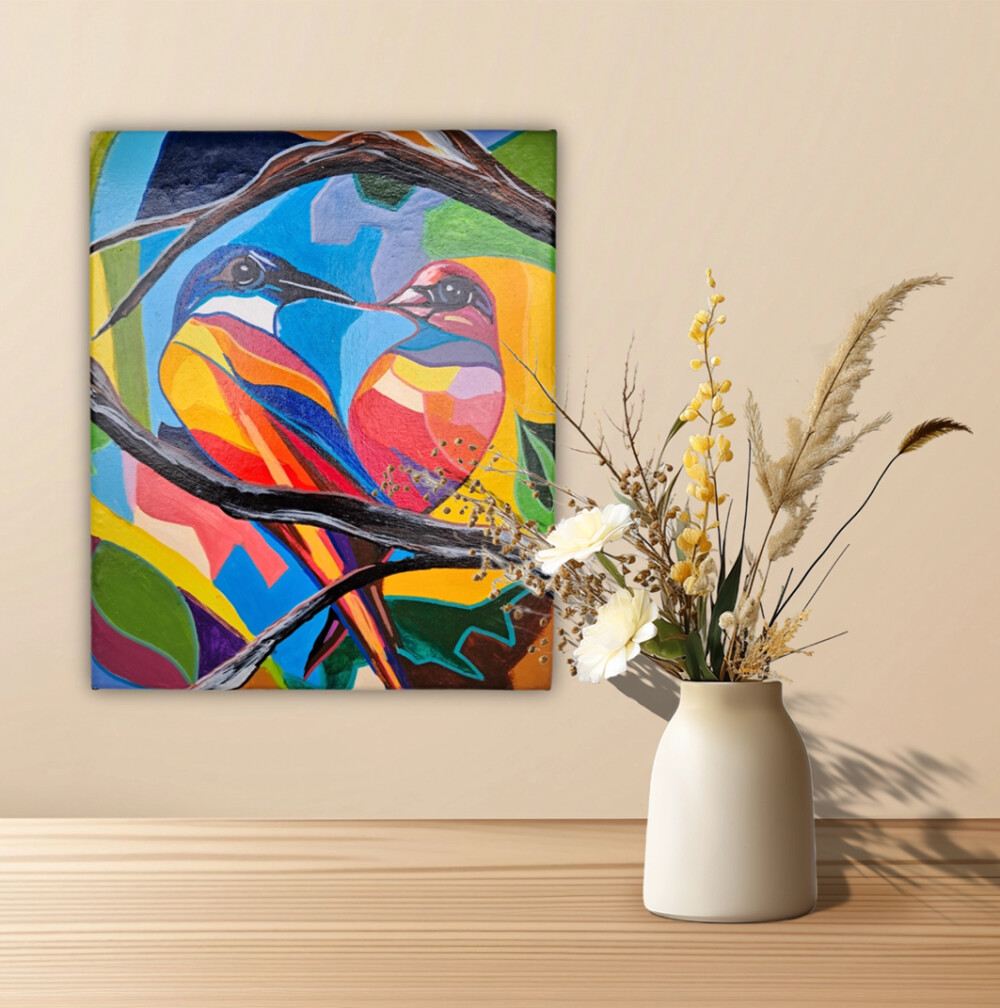 mini quadro com 2 pássaros coloridos pintados a mão em acrílic