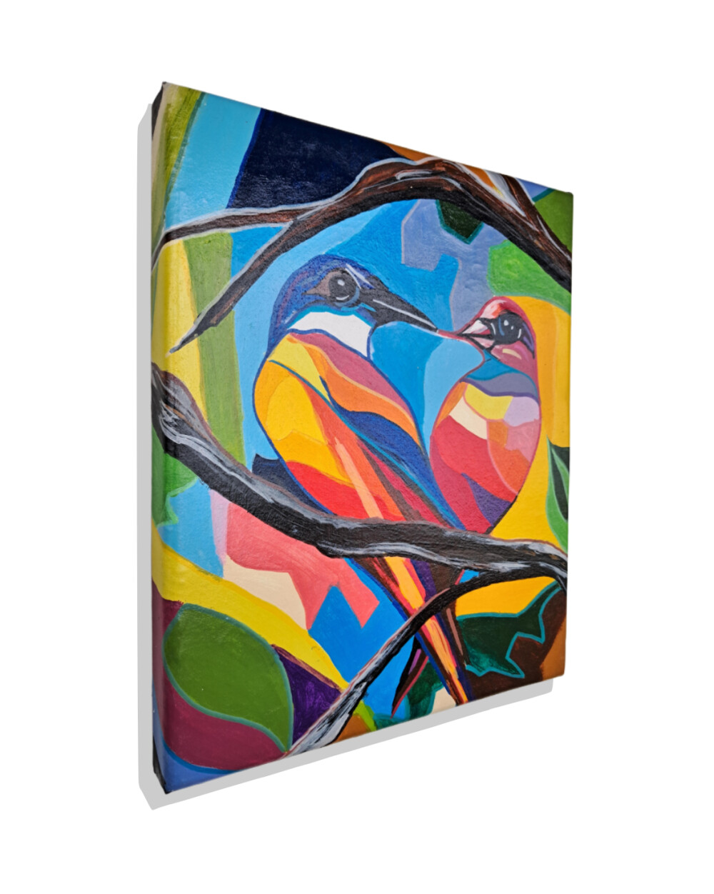 mini quadro com 2 pássaros coloridos pintados a mão em acrílic