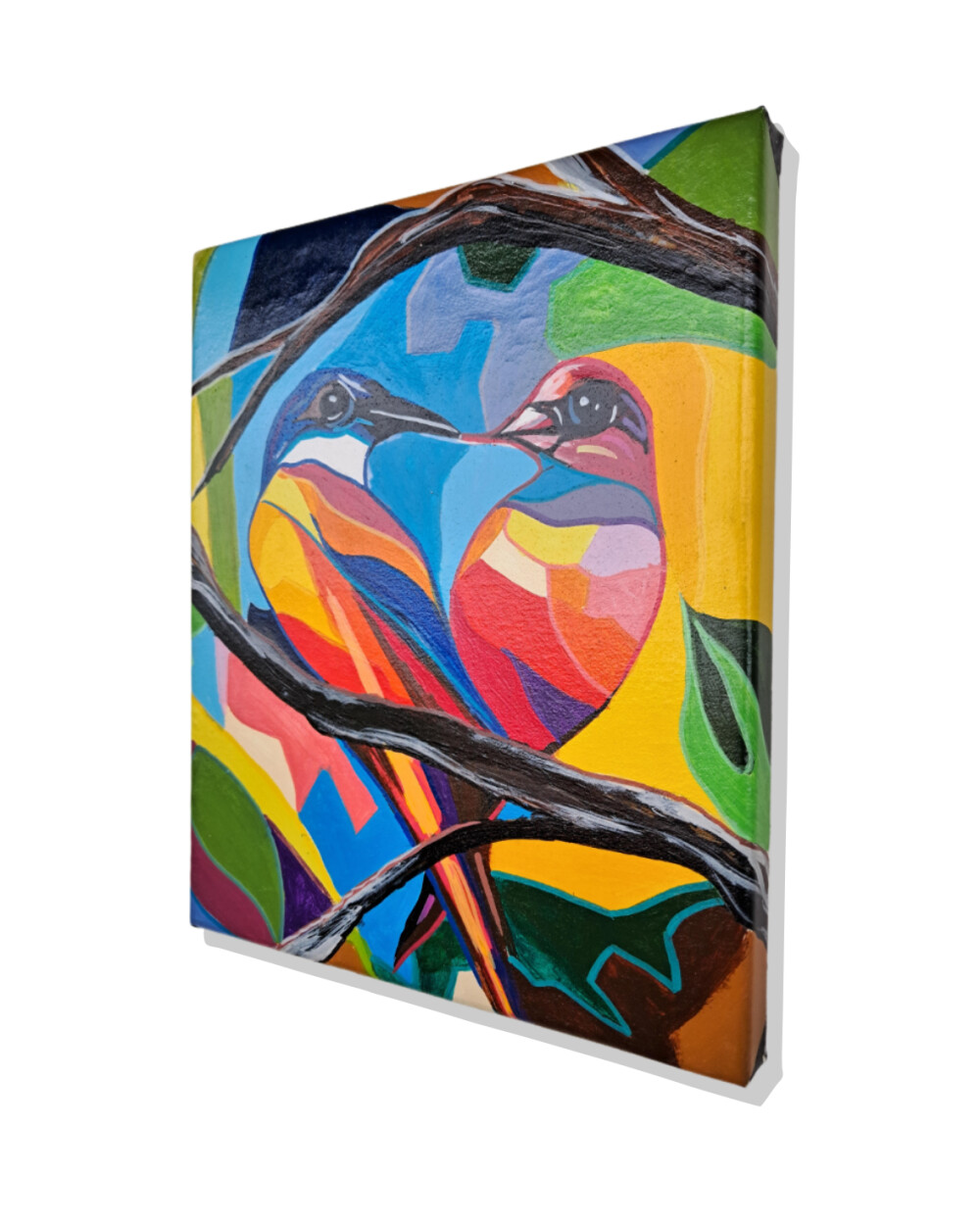 mini quadro com 2 pássaros coloridos pintados a mão em acrílic
