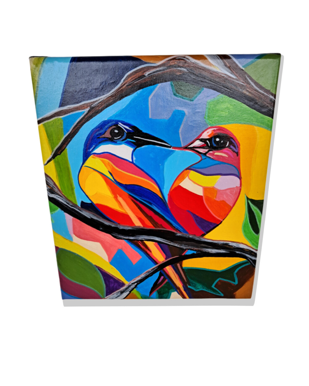mini quadro com 2 pássaros coloridos pintados a mão em acrílic