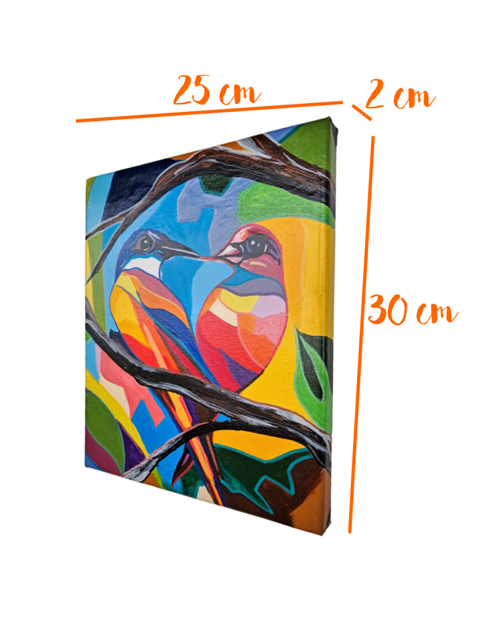 mini quadro com 2 pássaros coloridos pintados a mão em acrílic