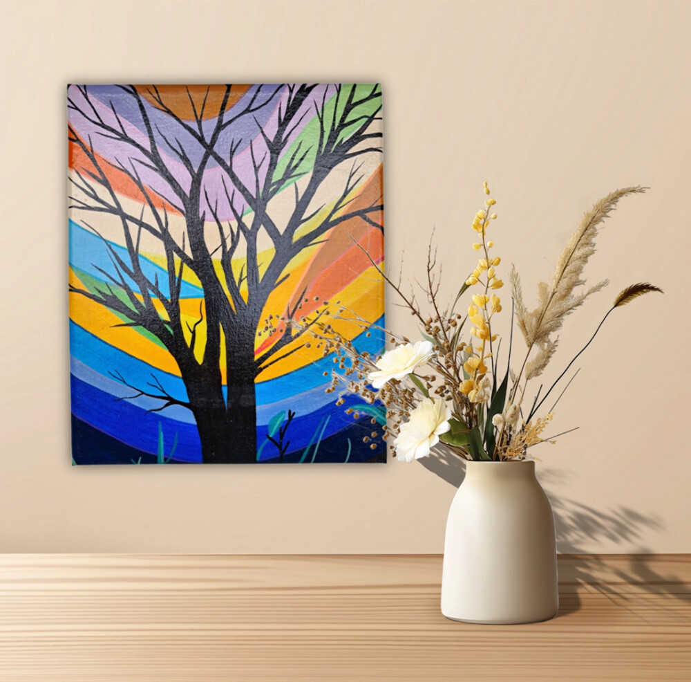 Quadro Decorativo em Acrílico Pintado a Mão Mini com Árvore Mo