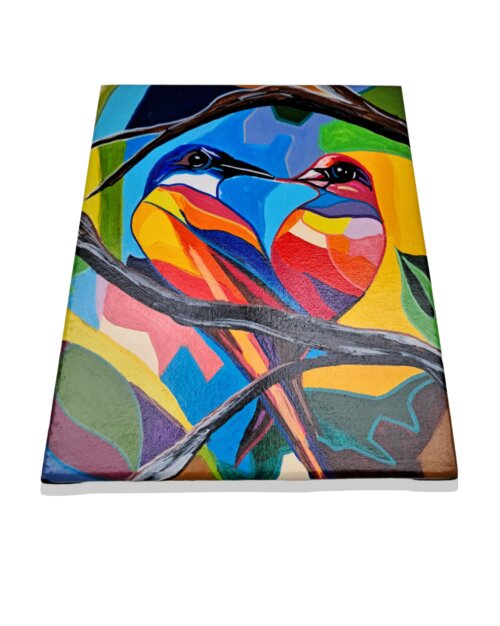 mini quadro com 2 pássaros coloridos pintados a mão em acrílic