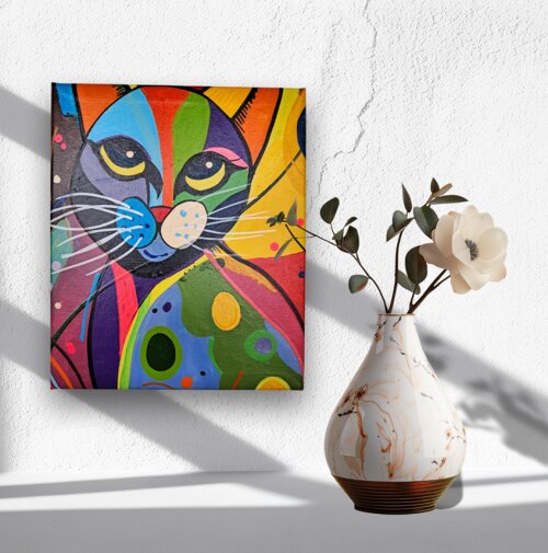 Mini Quadro com Gatinho Decorativo pintados a mão em acrílico