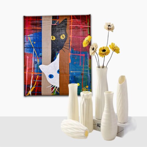 Quadro Decorativo em Acrílico Pintado a Mão para Decoração com 2 Gatinhos