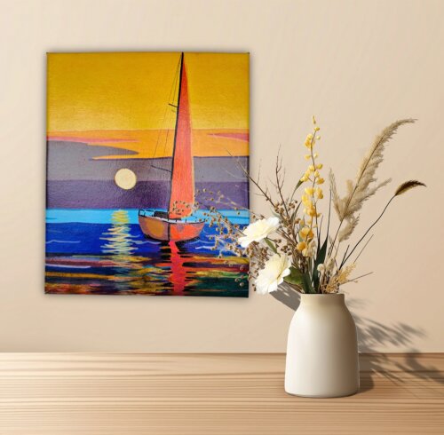 Mini Quadro de Barco a Vela pintado a mão em acrílico