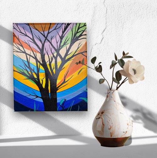 Quadro Decorativo em Acrílico Pintado a Mão Mini com Árvore Morta Decorativo Pintado