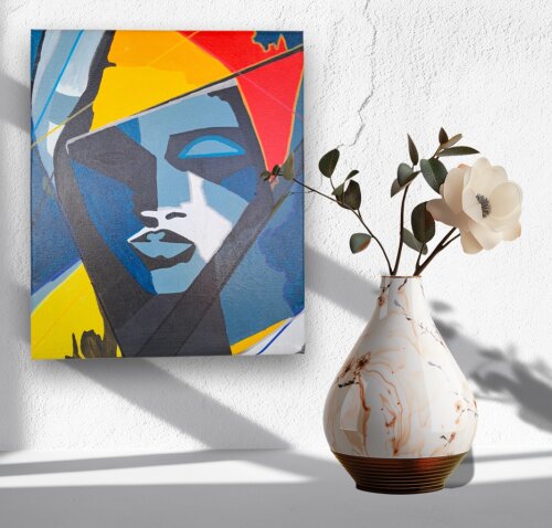 Quadro Decorativo em Acrílico Pintado a Mão Quadro com Rosto Feminino Pintado a Mão