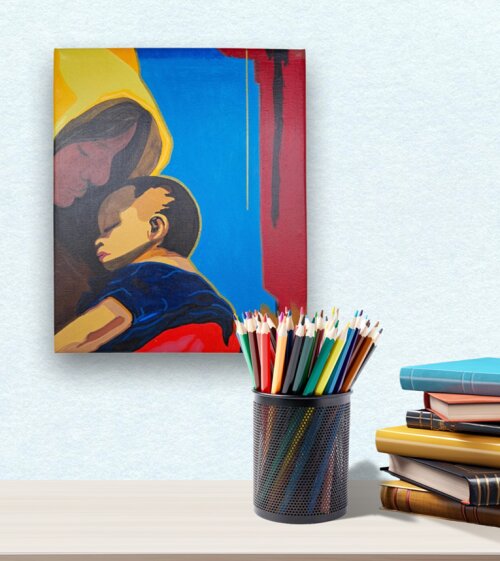 Quadro Decorativo em Acrílico Pintado a Mão Quadro com Mãe e Filho Artesanal