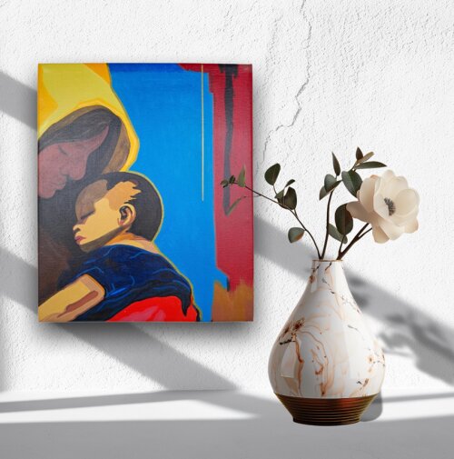 Quadro Decorativo em Acrílico Pintado a Mão Quadro com Mãe e F