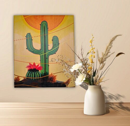 Quadro Decorativo em Acrílico Pintado a Mão Quadro Artesanal com de Cactos Decorativo