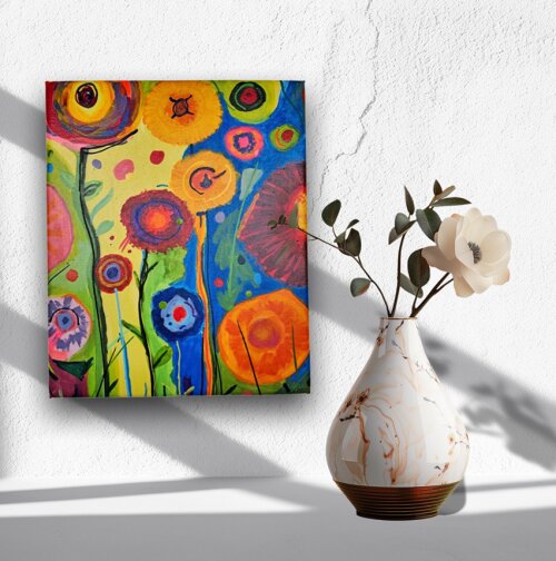 Quadro Decorativo em Acrílico Pintado a Mão Quadro Artesanal de Flores Decorativas