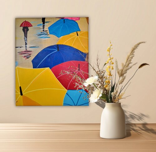 Quadro Decorativo em Acrílico Pintado a Mão Quadro Artesanal com Guarda Chuvas-coloridos