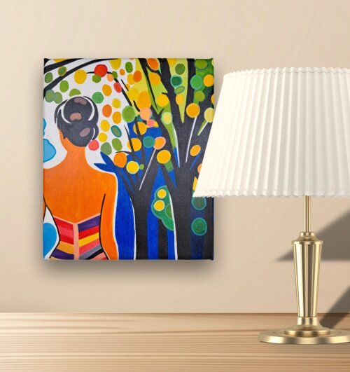 Quadro Decorativo em Acrílico Pintado a Mão Quadro Artesanal de Garota e Árvore Colorida