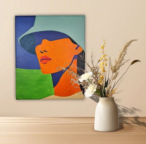 Quadro Decorativo em Acrílico Pintado a Mão Quadro Artesanal de Garota de Chapéu Azul