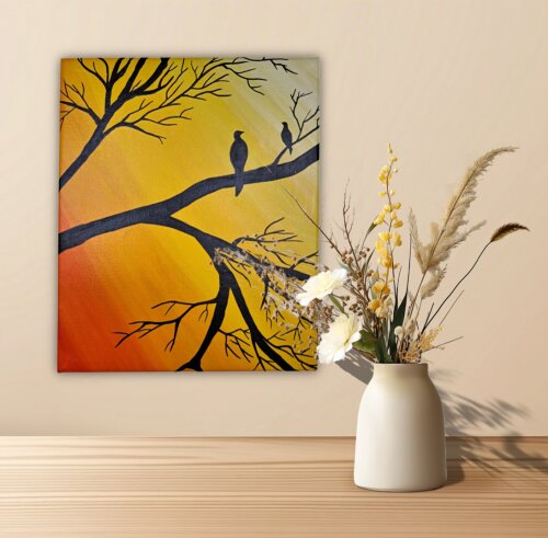 Quadro Decorativo em Acrílico Pintado a Mão Quadro Artesanal de Pássaros em Árvore Morta