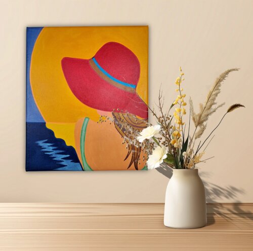 Quadro Decorativo em Acrílico Pintado a Mão Quadro Artesanal de Garota com Chapéu Vermelho