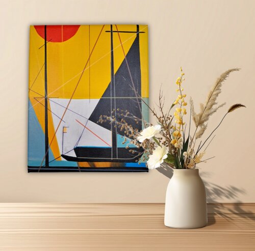 Quadro Decorativo em Acrílico Pintado a Mão Quadro Artesanal de Barco Veleiro em linhas retas