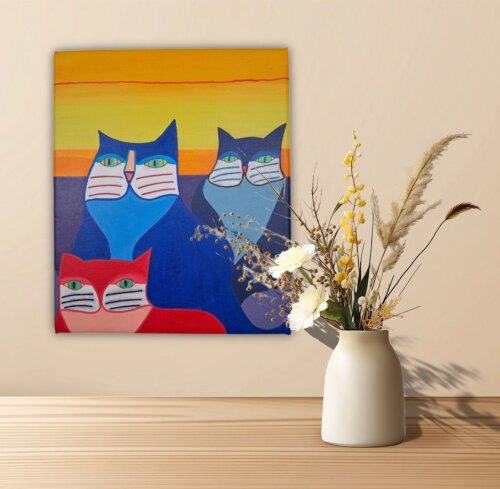 Quadro Decorativo em Acrílico Pintado a Mão Quadro Artesanal de Três lindo Gatinhos Estilo Figurativo