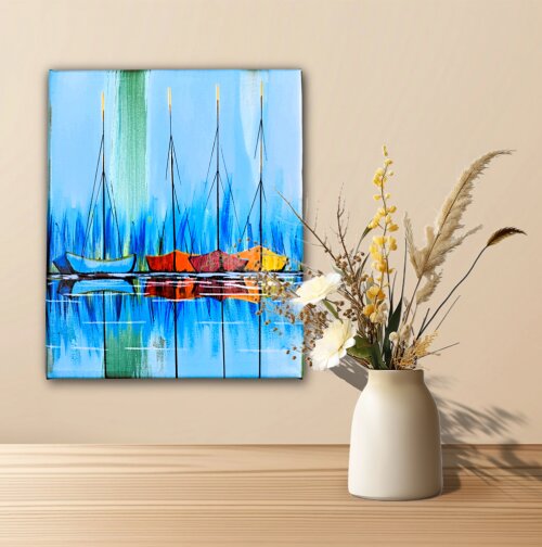 Quadro Decorativo em Acrílico Pintado a Mão Quadro Artesanal de De Barcos Pintados a mão