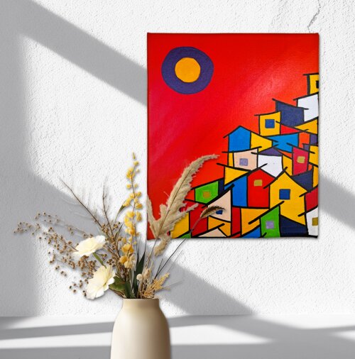 Quadro Decorativo em Acrílico Pintado a Mão Quadro Artesanal de Paisagem Urbana 30x25cm