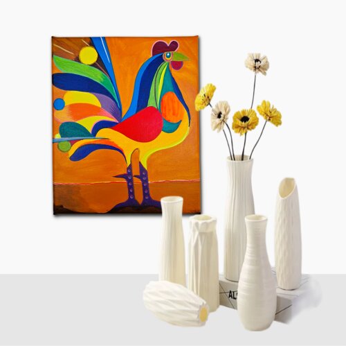 Quadro Decorativo em Acrílico Pintado a Mão Quadro Artesanal de De Galo Colorido Medindo 30x25cm