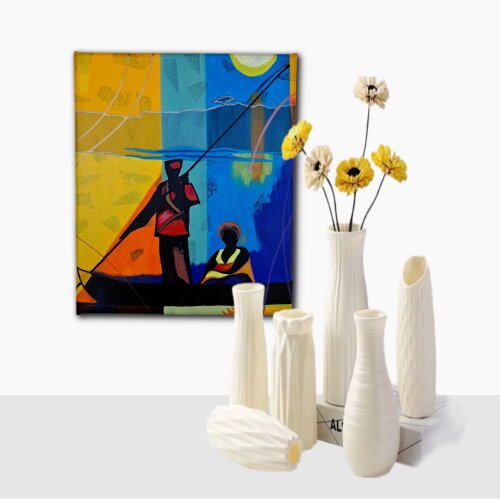 Quadro Decorativo em Acrílico Pintado a Mão Quadro Artesanal de com Barqueiro transportando uma mulher em Acrílico 30x25cm