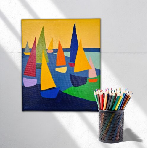 Quadro Decorativo em Acrílico Pintado a Mão Quadro Artesanal de Decoração  Os Barcos