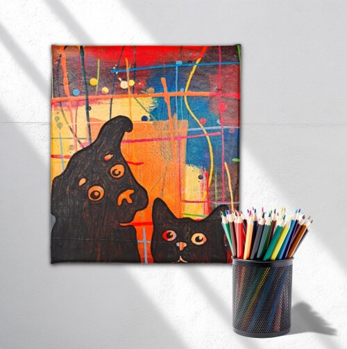 Quadro Decorativo em Acrílico Pintado a Mão Quadro Artesanal de Decoração  Cão e Gato com fundo abstrato