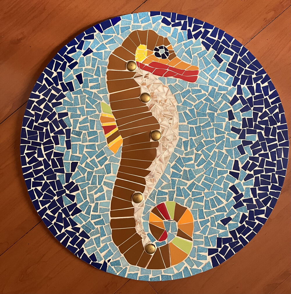 QUADRO CAVALO MARINHO EM MOSAICO - 50 CM DIÂMETRO