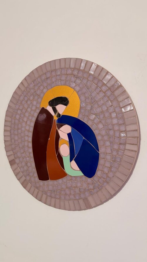 QUADRO SAGRADA FAMÍLIA EM MOSAICO - 30 CM DE DIÂMETRO