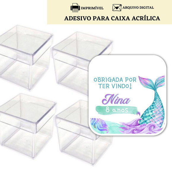 Adesivo Rótulo Caixa Acrílica Lembrancinha Sereia Digital