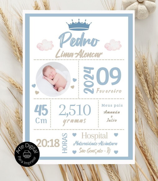 Arte Digital Quadro Nascimento Bebê Newborn Mesversário