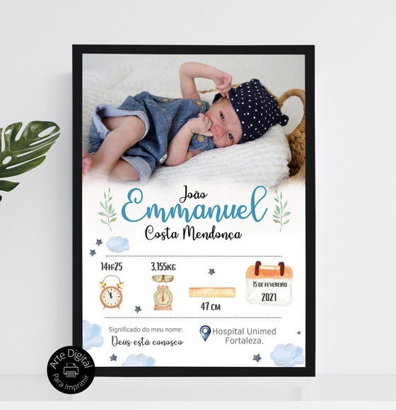 Arte Digital Quadro Nascimento Bebê Newborn Mesversário