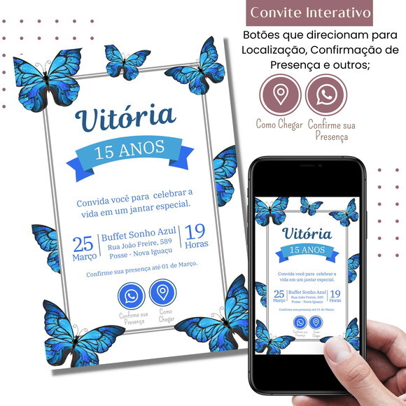 Convite 15 Anos Borboletas Digital Interativo Virtual