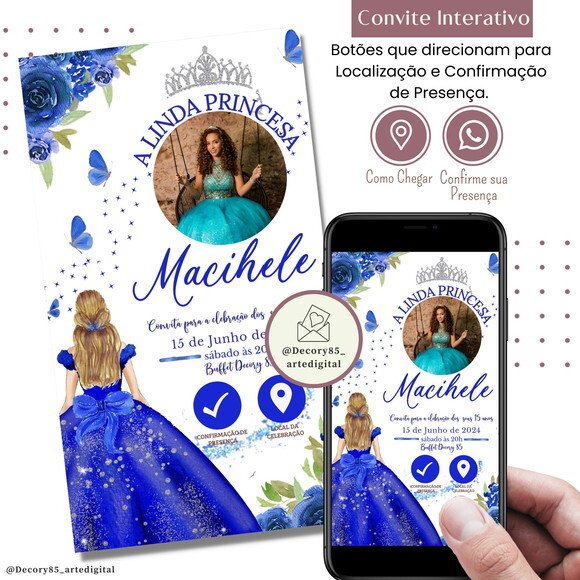 Convite 15 Anos Azul Debutante Digital Interativo Virtual