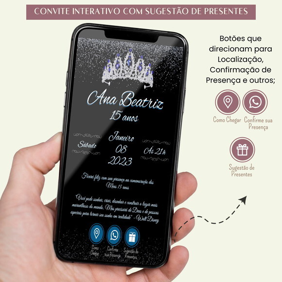 Convite 15 Anos Coroa Digital Interativo Virtual