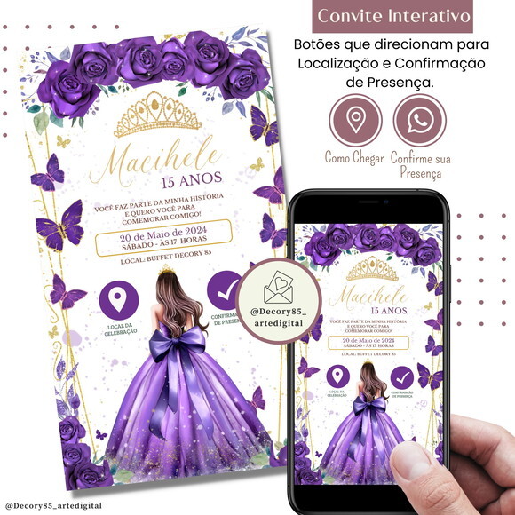 Convite 15 Anos Lilas Debutante Digital Interativo Virtual