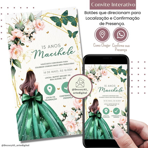 Convite 15 Anos Verde Debutante Digital Interativo Virtual