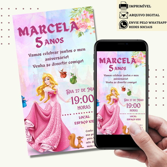 Convite a Bela Adormecida Princesa Aurora Digital Virtual