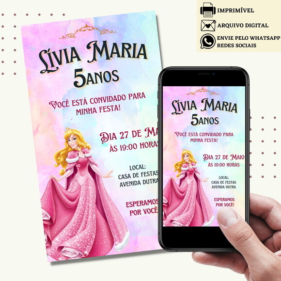 Convite a Bela Adormecida Princesa Aurora Digital Virtual